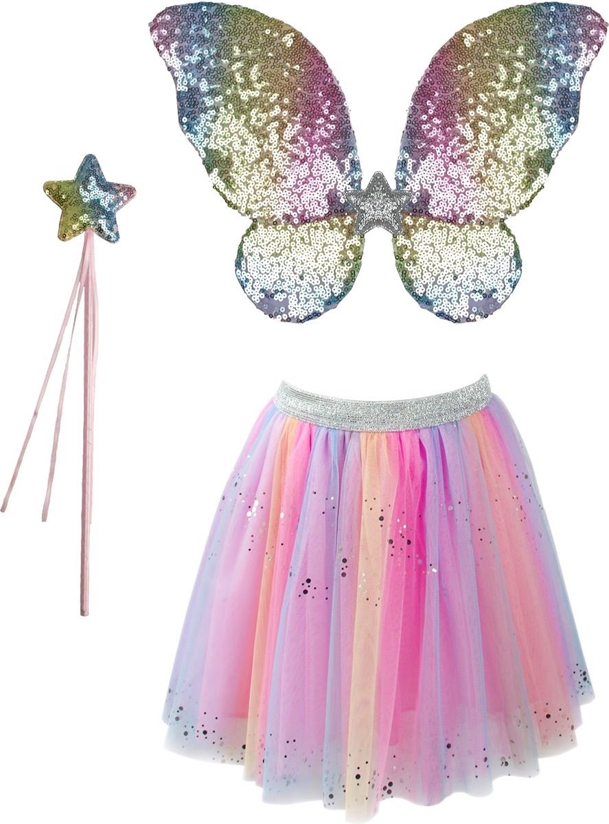 Great Pretenders Verkleedkledij Regenboog sequins rok met vleugels en toverstok - Multi - Maat 4-6 jaar