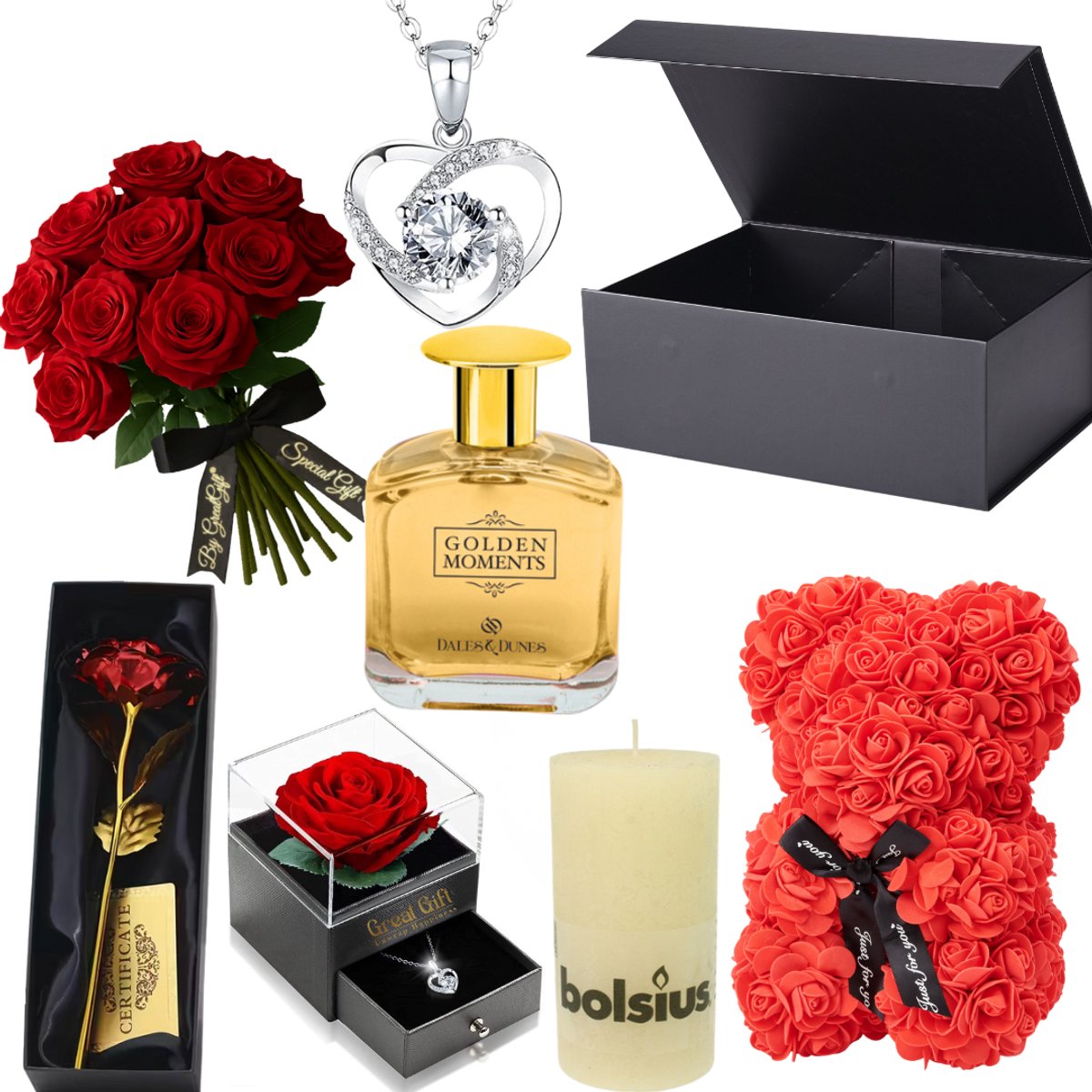 Luxe XL cadeaupakket voor haar - Romantische rozenbox – rozenbeer 25 cm + bos rode rozen + gouden roos + hartjesketting - Luxe Parfum - Bolsius Kaars - + 100 rozenblaadjes – romantisch valentijns of kerstcadeau