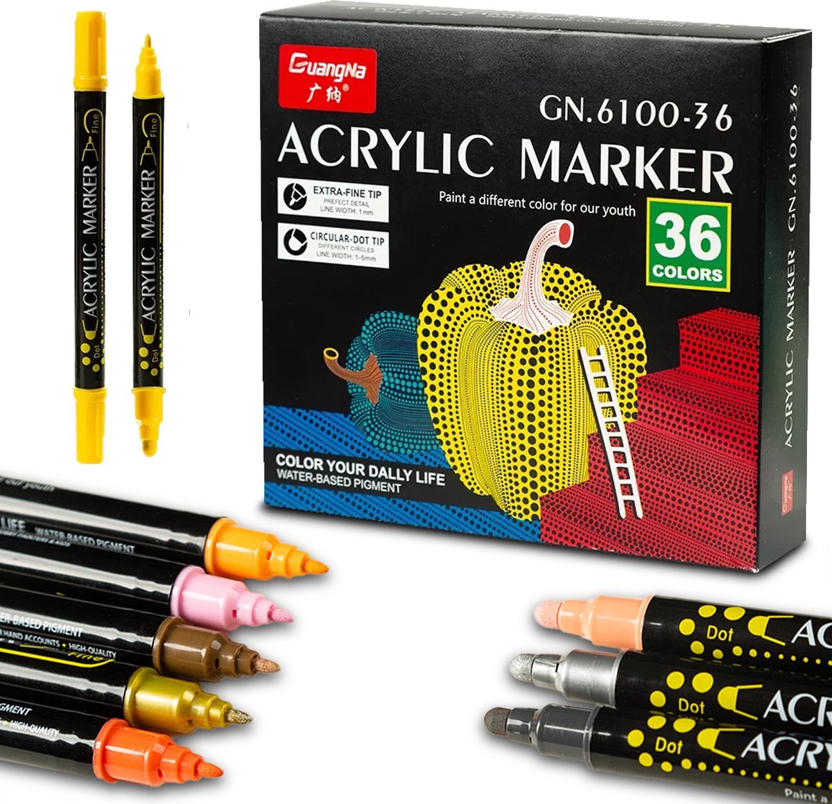 Acryl Stiften 36 Kleuren - Acryl Markers Acrylmarkers Twinmarker 1 MM Fine Tip & 3 MM Dot Tip- Verfstiften - Acrylstiften voor stenen schilderen