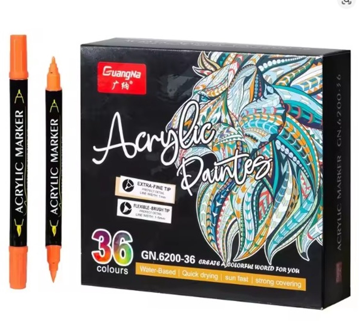 Acryl Stiften 36 Kleuren Dualtip - Brush Tip & Fine Tip 1 MM - Brush Stiften voor Volwassenen Acrylmarkers Acryl Markers Penseel Pennen Penseelstiften Verfstiften - Twinmarker Acrylstiften voor stenen schilderen