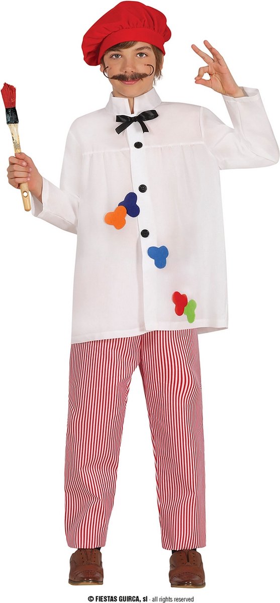 Guirca - Franse Schilder Kunstenaar - Jongen - Rood, Wit / Beige - 5 - 6 jaar - Carnavalskleding - Verkleedkleding