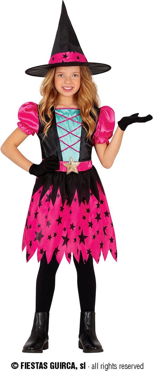Guirca - Heks & Spider Lady & Voodoo & Duistere Religie Kostuum - Roze Star Witch Rockadelia - Meisje - Roze, Zwart - 10 - 12 jaar - Halloween - Verkleedkleding