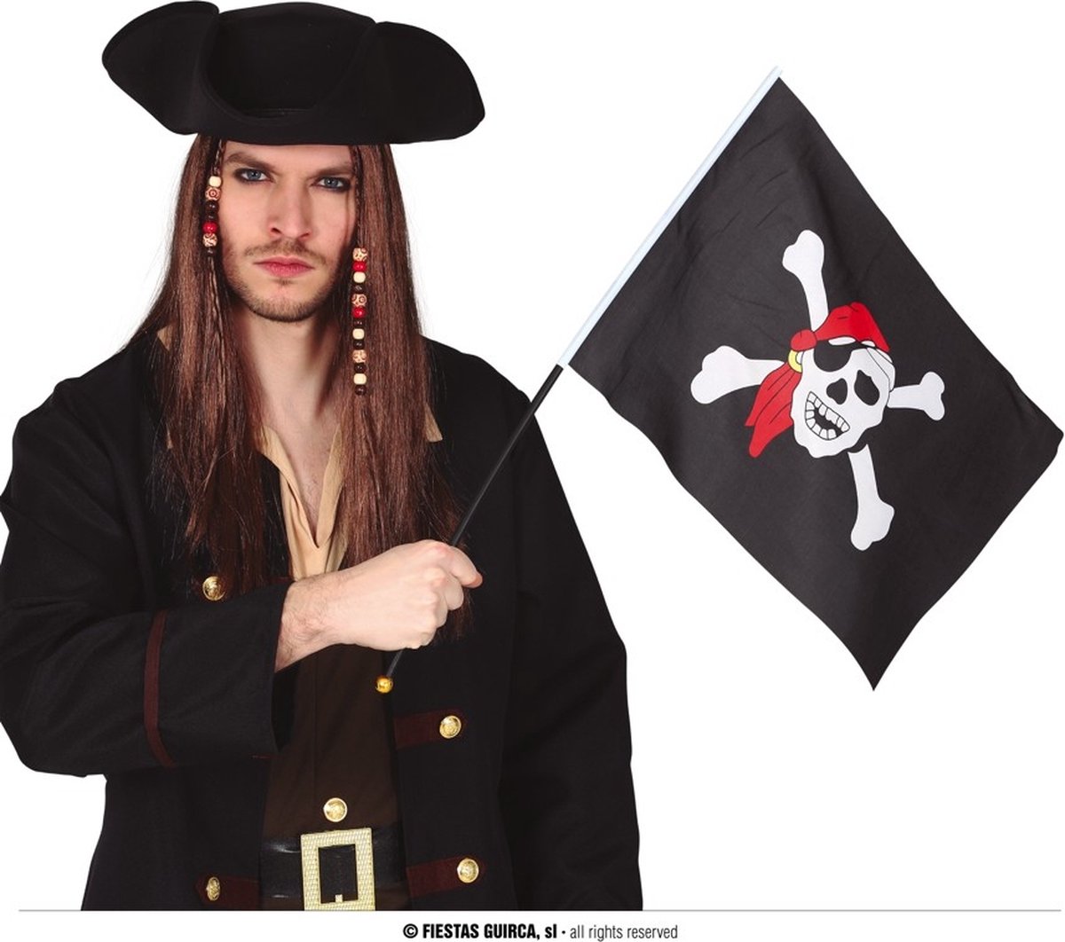 Guirca - Piraat & Viking Kostuum - Zwarte Piratenvlag Met Doodshoofd 42 X 30 Centimeter - Zwart, Wit / Beige - Carnavalskleding - Verkleedkleding