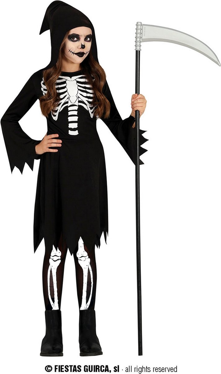 Guirca - Spook & Skelet Kostuum - Magere Henrike Skelet - Meisje - Zwart, Wit / Beige - 7 - 9 jaar - Halloween - Verkleedkleding