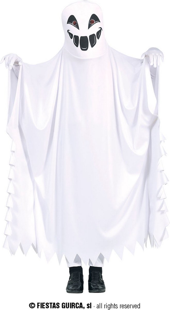 Guirca - Spook & Skelet Kostuum - Spooky Halloween Spook Boeboe Kind Kostuum - Wit / Beige - 7 - 9 jaar - Halloween - Verkleedkleding