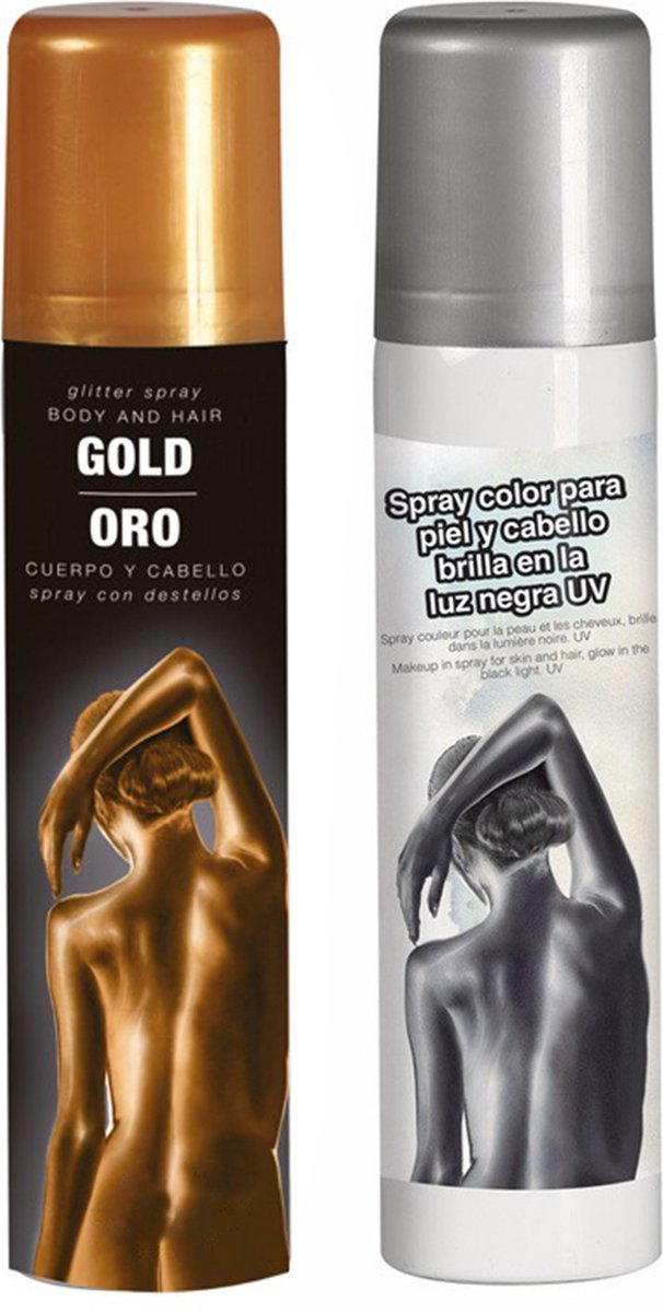 Guirca Haarspray/bodypaint spray - 2x kleuren - goud en zilver - 75 ml