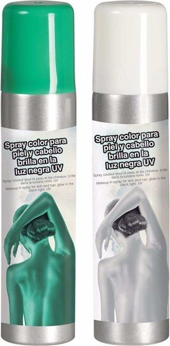 Guirca Haarspray/bodypaint spray - 2x kleuren - wit en groen - 75 ml
