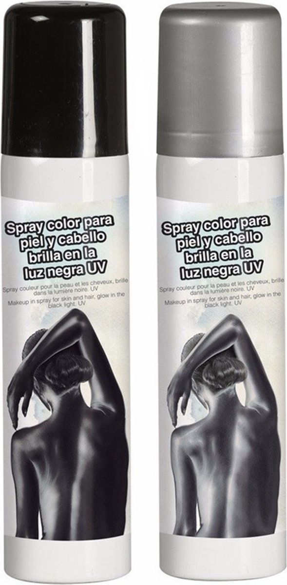 Guirca Haarspray/bodypaint spray - 2x kleuren - zilver en zwart - 75 ml