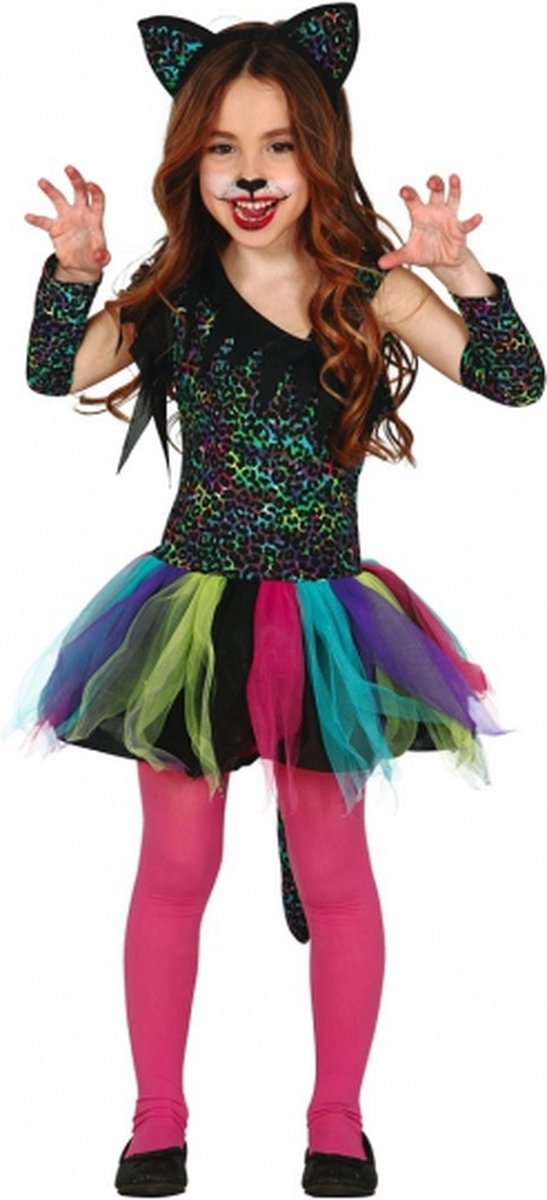 Luxe gekleurd luipaard carnaval / halloween jurkje voor meisjes 98/104