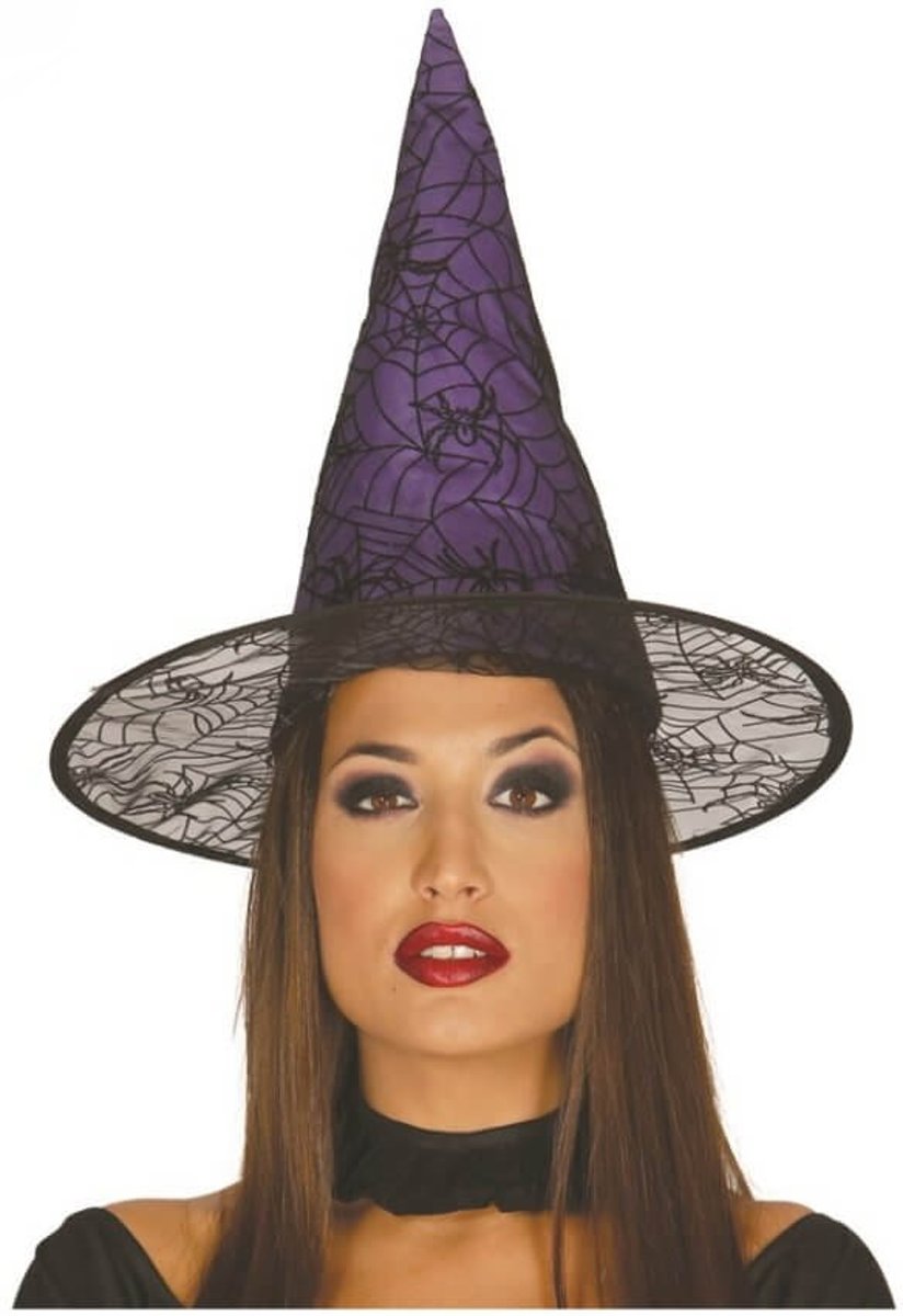 heksenhoed met spinnen en webben print - paars