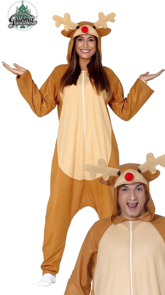 Guirma - Hert & Rendier & Rudolf Kostuum - Rendier Pyjama Kostuum - bruin - Maat 52-54 - Kerst - Verkleedkleding
