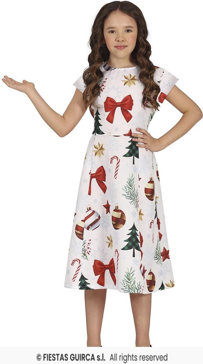Kerst Jurkje X-Mas Symbolen Wit Meisje - 10-12 Jaar / 135-147cm