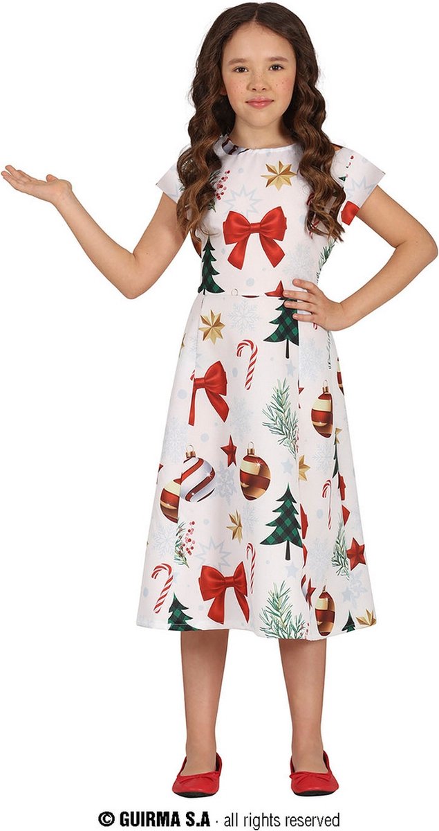 Kerst Jurkje X-Mas Symbolen Wit Meisje - 7-9 Jaar / 115-133cm