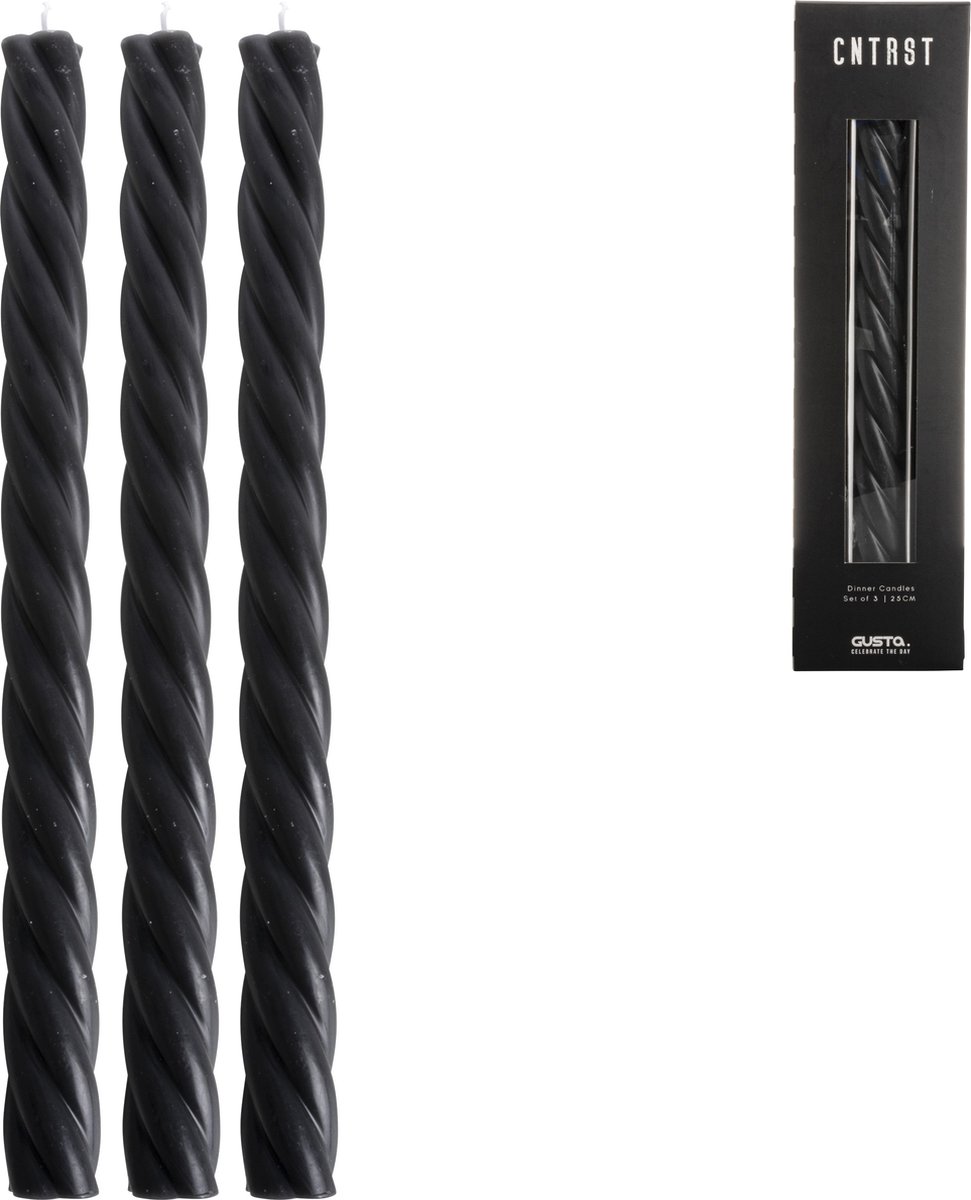 Gusta - Dinerkaarsen - Zwart - Swirl - Draaikaars - set 3 stuks