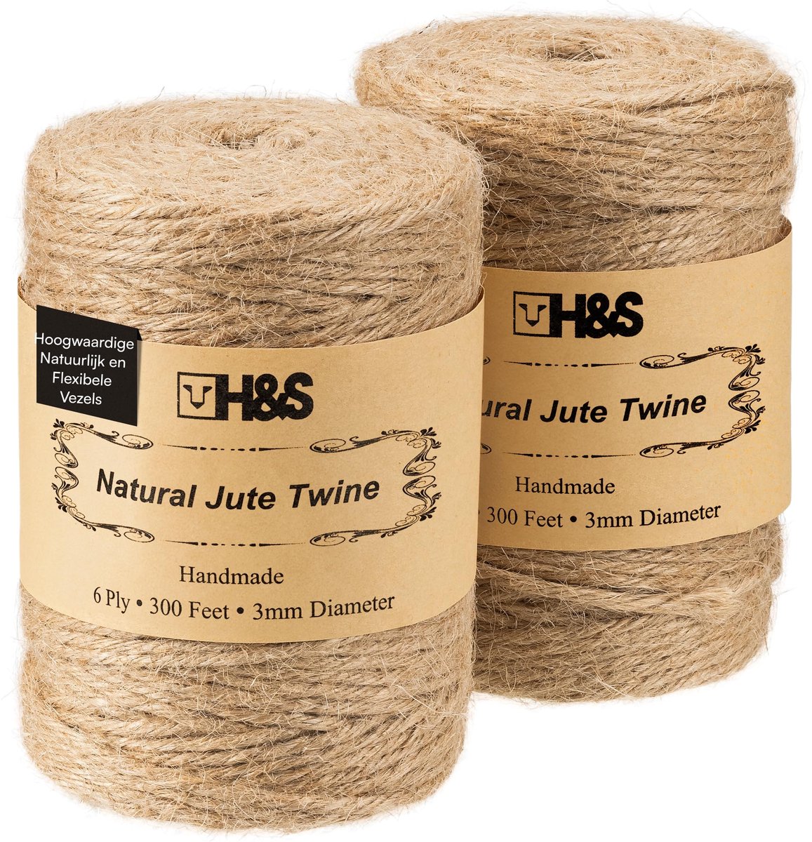 H&S 2x rol jute touw - 183 m lang - 3 mm dik - Jute garen 6-laags gedraaid - Sterk en natuurlijk - Koord voor knutselen tuinieren of cadeau decoratie