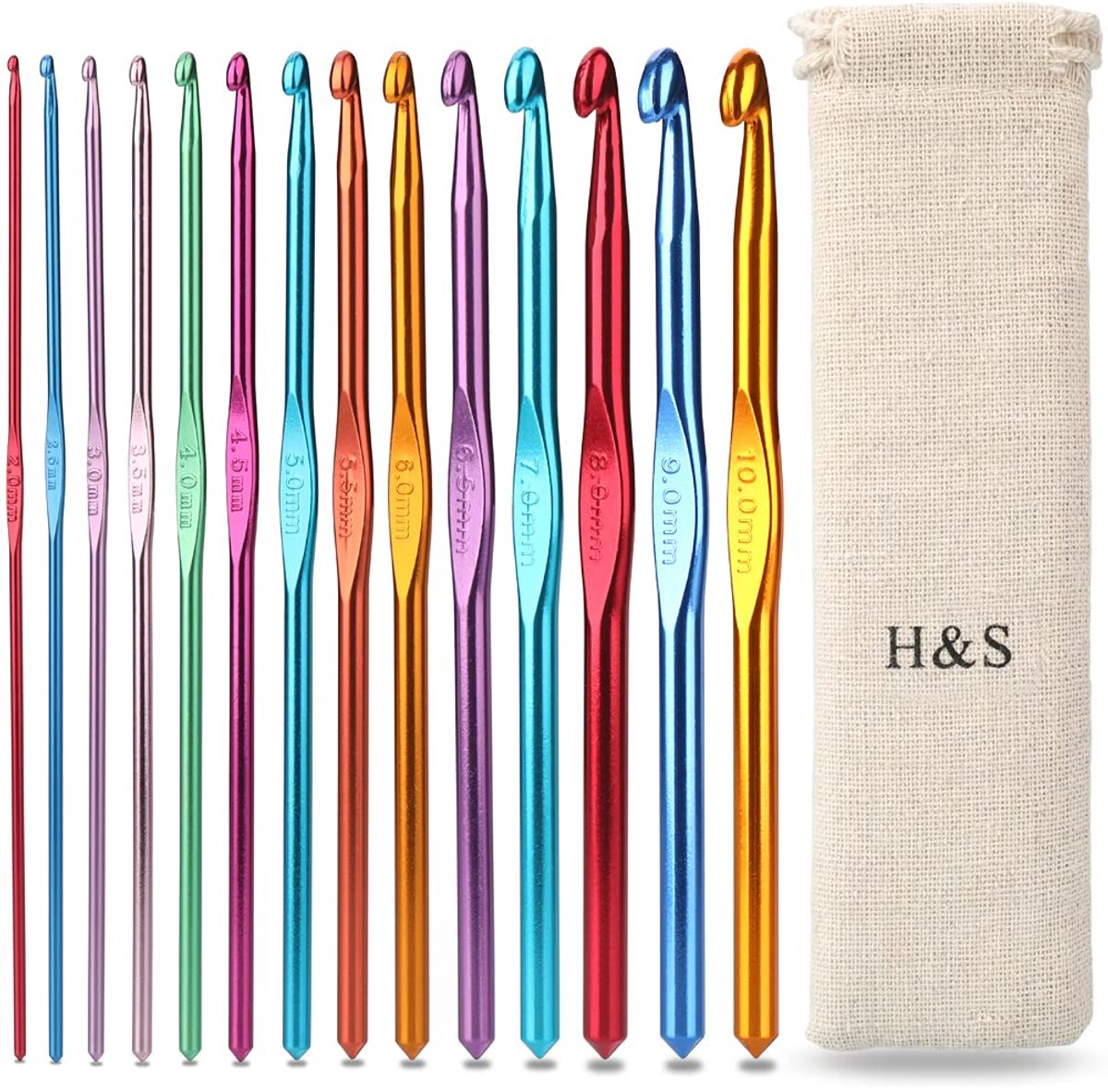 H&S Haaknaalden Set Aluminium 14 stuks Naalden met Pouch Case 2mm 2.5mm 3mm 3.5mm 4mm 4.5mm 5mm 5.5mm 6mm 6.5mm 7mm 8mm 9mm 10mm - Haaknaalden Set - Haaknaalden Set Beginners - Haakstokjes