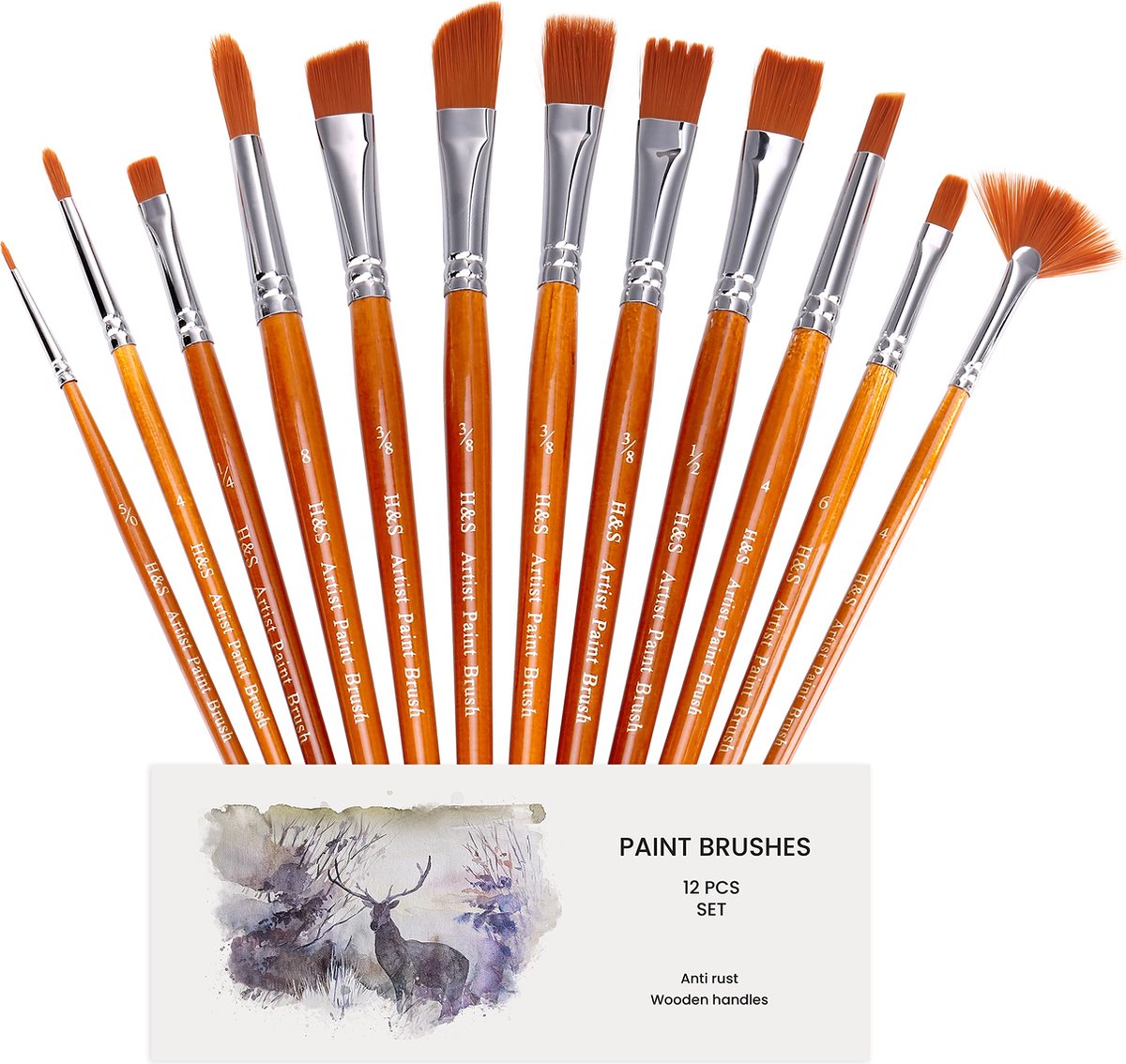 H&S penseel set 12-delig - Borstelset met professionele penselen - Hardhout en synthetisch haar - Verf kwasten - Kwast set voor acrylverf en olieverf
