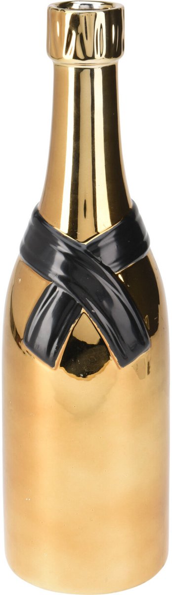 HS Collection Vaas Champagne fles - oud en nieuw - keramiek - zwart/goud - 11 x 39 cm - nieuwjaar