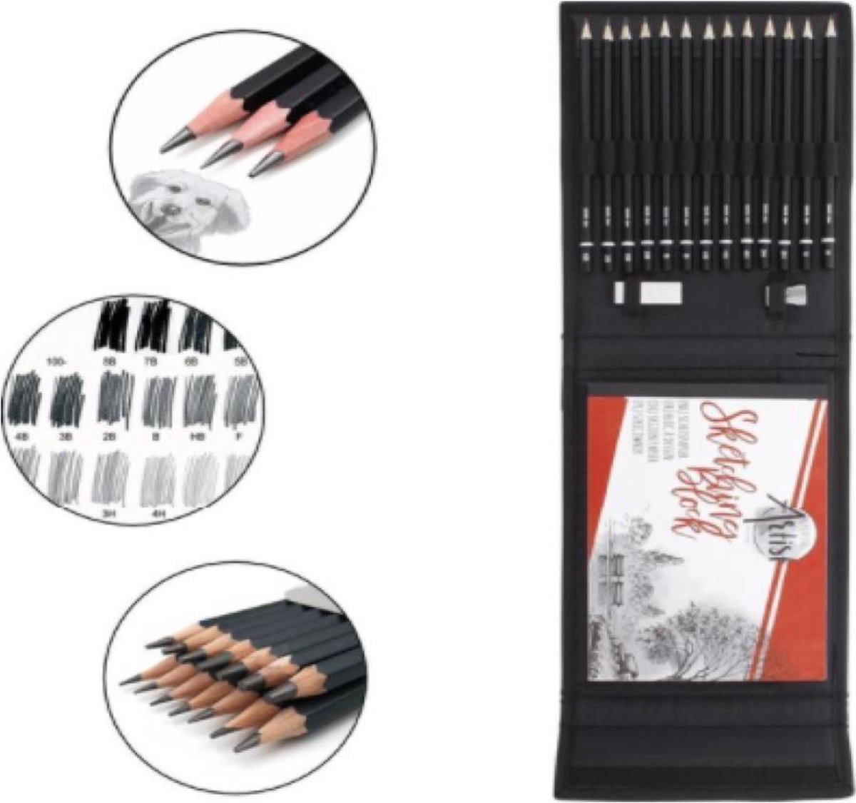 Schetsset - Tekenset - 17-delig - Schetsblok - 13 potloden + gum + puntenslijper + schetsboek - Artist - Tekenblok - Cadeau - Tekenpapier - Creative - Tekenen