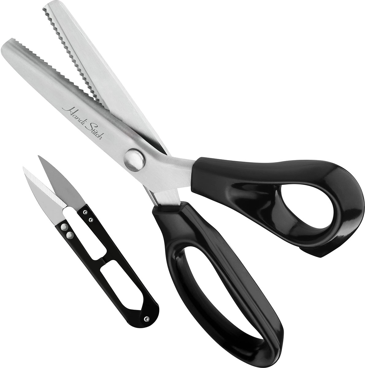 Handi Stitch Kartelschaar met Knipper – 23 cm Totale Lengte – Zwarte Handvat Zigzag Stof Schaar – 3 mm Vlijmscherpe Tanden – Roestvrij Stalen Kleermakersschaar voor Naaien, Kleermaken en Papier