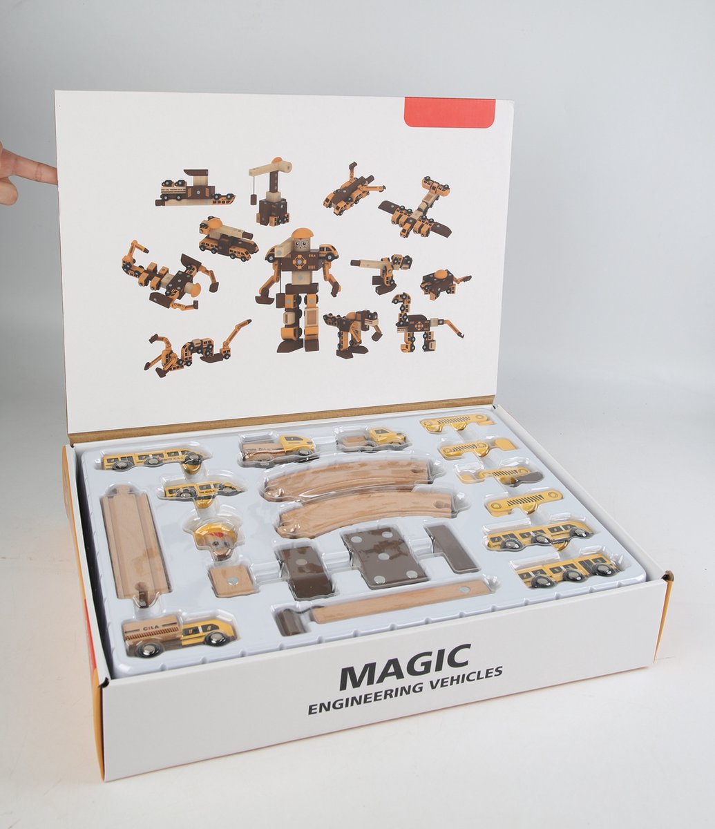 Houten magneet bouwset trein en robot - voertuigen - dinosaurus