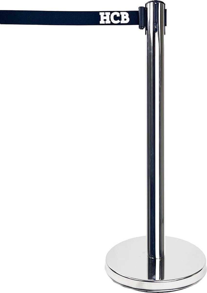 HCB® - Professionele Horeca Afzetpaal met trekband - 200 cm - zilver - RVS / INOX - Afzetpaaltjes met lint - 35x35x90 cm (DxBxH) - 9 kg - 1408