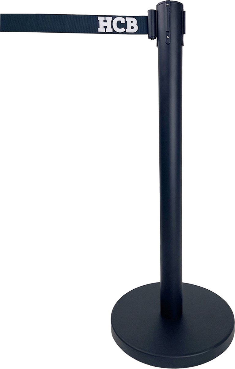 HCB® - Professionele Horeca Afzetpaal met trekband - 200 cm - zwart - RVS / INOX - Afzetpaaltjes met lint - 35x35x90 cm (DxBxH) - 9 kg - 1410