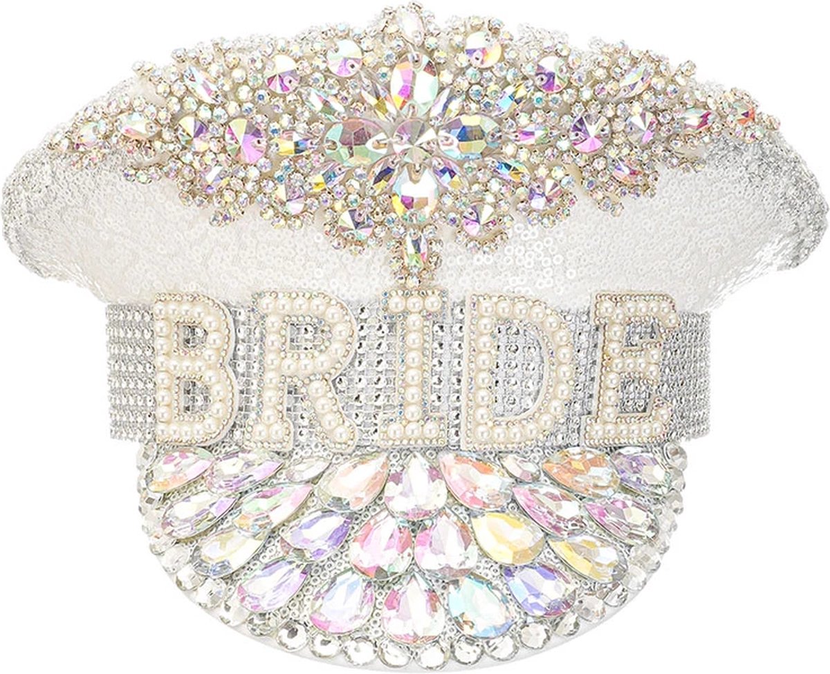 Bruid Hoed - Luxe - Bride to be - Trouwen - Parels - Verloofd - Sluier - Vrijgezellenfeest - Bachelorette - Feest - Bridal shower - Kapitein Hoed - Haar Accessoire - Opvallend - Glitter