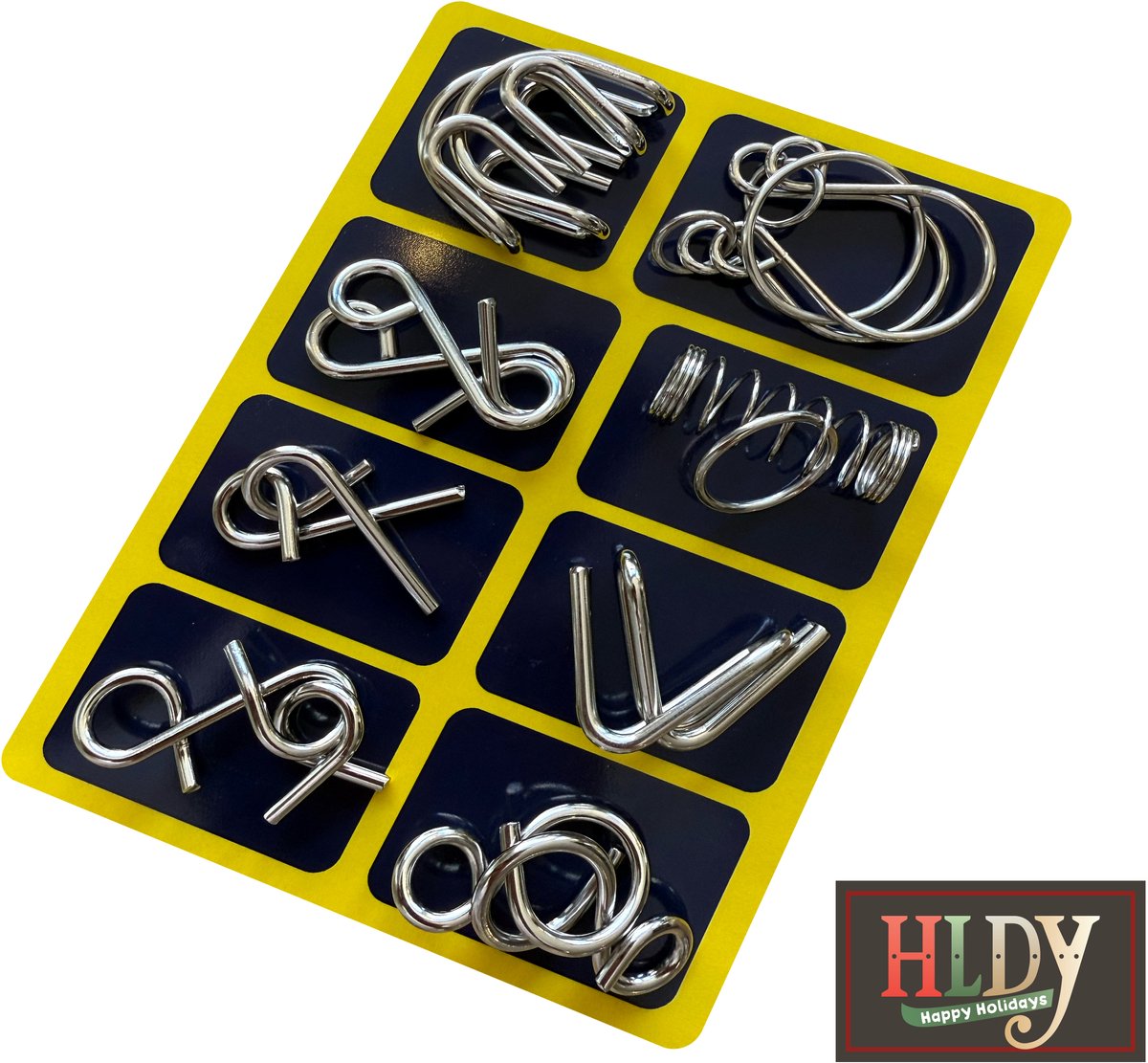 HLDY Breinpuzzel - 8 stuks - Editie Geel - 3d Puzzel - Metaal - Voor kinderen en volwassenen - IQ spel - Braintrainer
