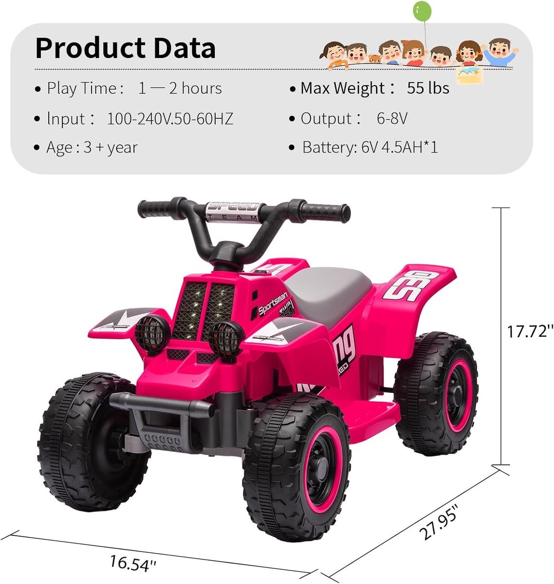 HOERFURIY-Elektrische kinderauto-Elektrische quad voor kinderen 6V, auto met ledverlichting en muziek, 1,8 km/u met claxon, start met één knop, ATV voor kinderen vanaf 3 jaar, magenta