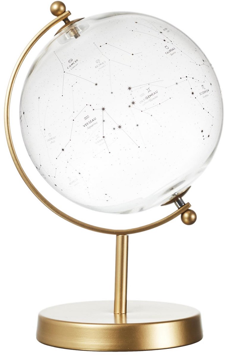 Home Deco Factory wereldbol - sterrenbeelden - transparant - glas - H24 cm - gouden voet - globe