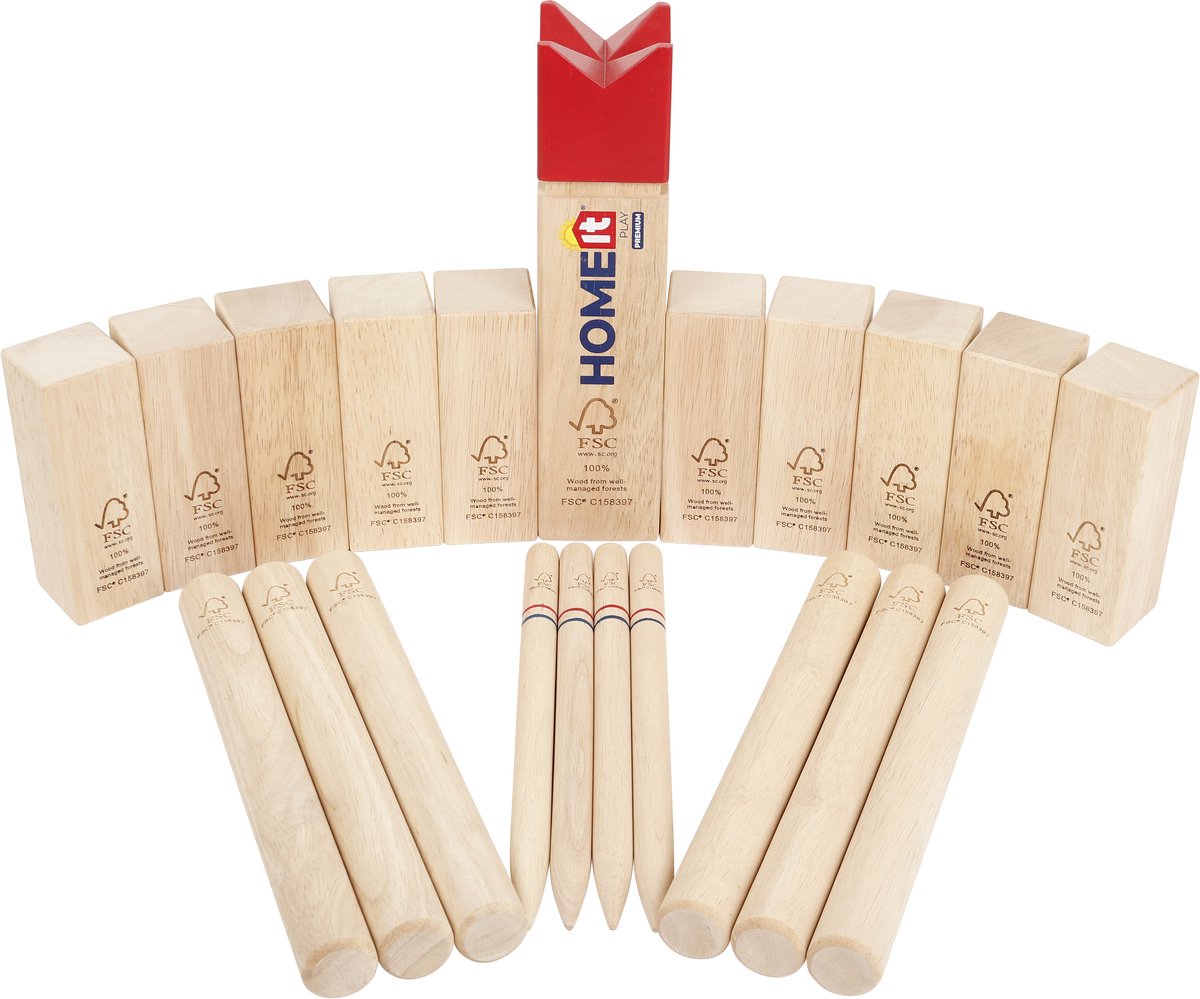 Home It® Kubb Vikingschaakset voor buiten, van FSC-rubberboom met koning, 10 kubbs, 6 werpstokken en markeringspins, robuuste draagtas voor tuin en outdoorspele