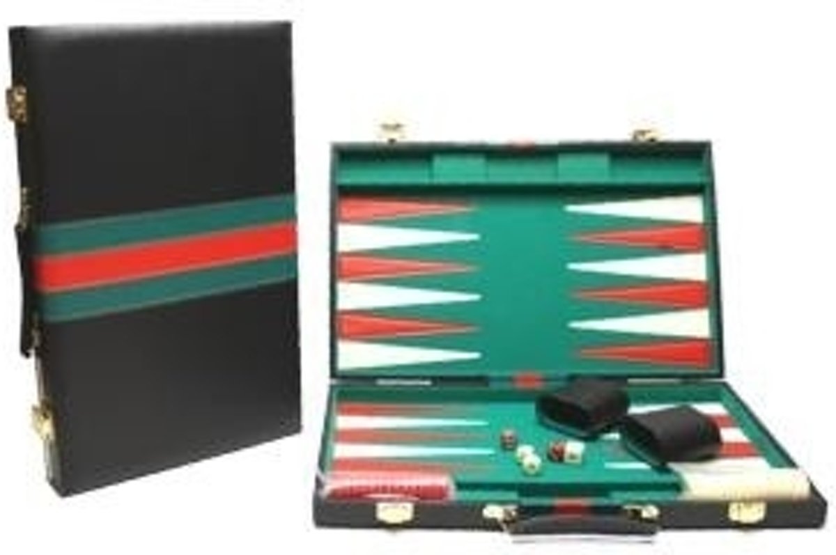 Backgammonkoffer 38 cm.zwart groen rood