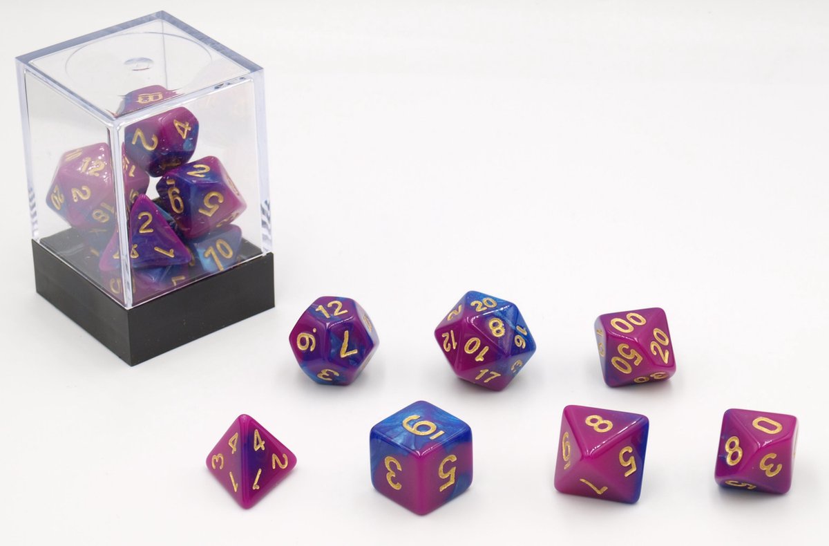 HOT Games dobbelstenen set roze-blauw 7 stuks kunststof brick.