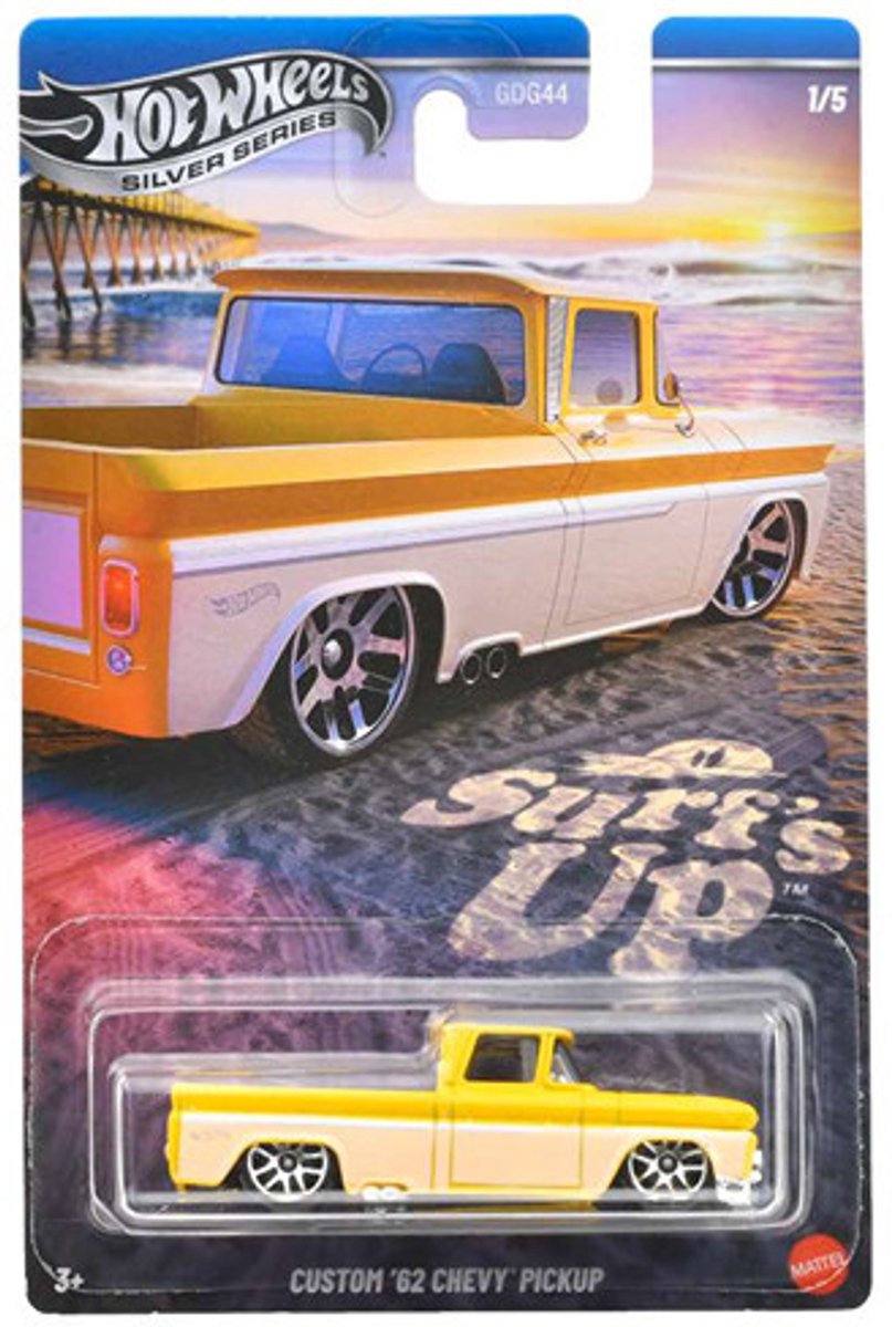 HOT WHEELS CUSTOM 62 CHEVY PICKUP SURFS UP YELLOW WHITE METALIC CHEVROLET SURF-UP 1:64 1/5