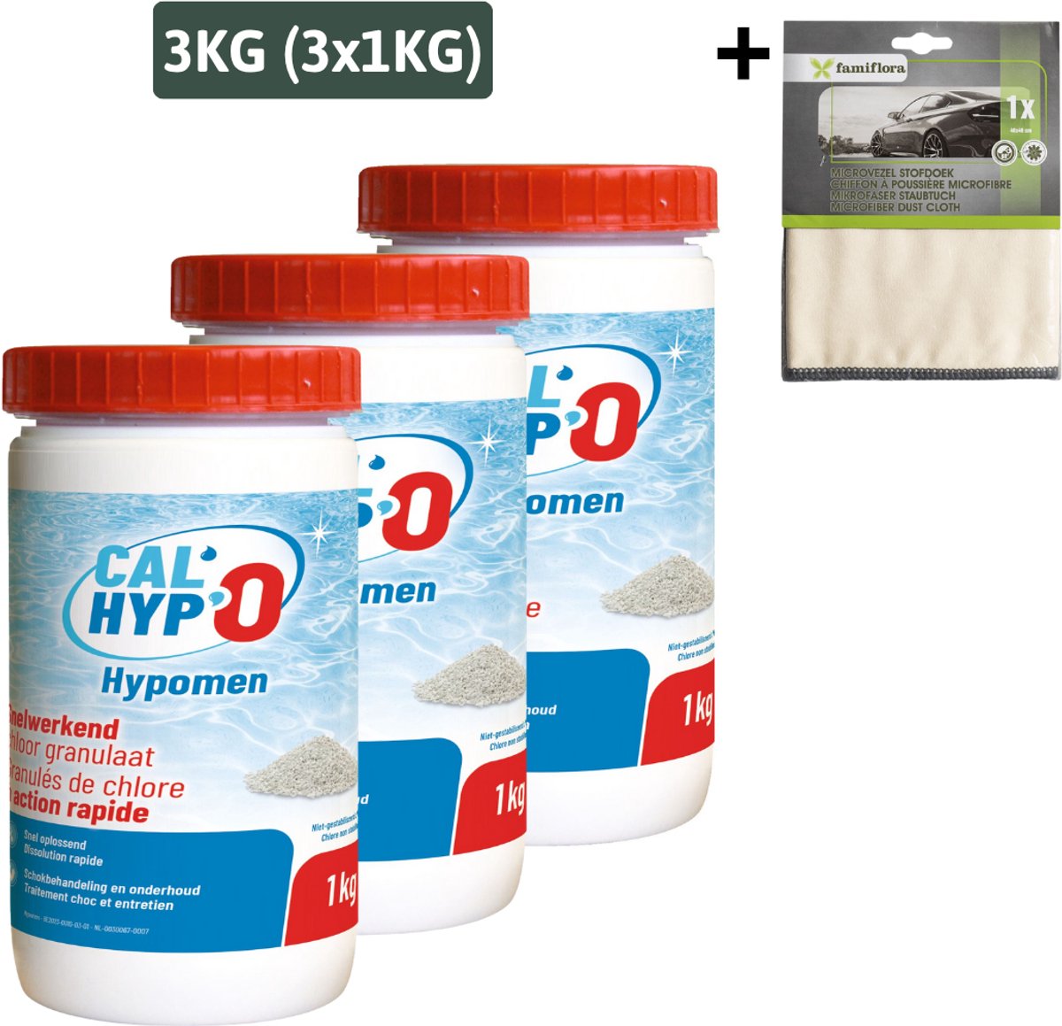 BSI Hypomen snelwerkend chloorgranulaat 3x1 KG + Famiflora suede doek voor schoonmaken liner