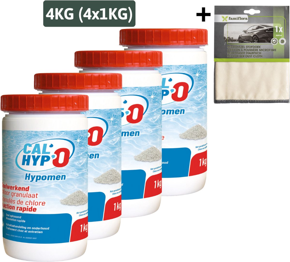 BSI Hypomen snelwerkend chloorgranulaat 4x1 KG + Famiflora suede doek voor schoonmaken liner
