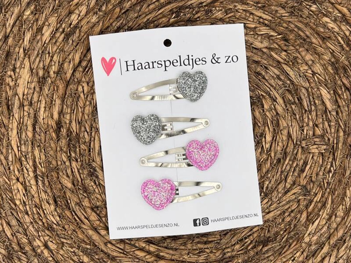 Haarspeldje ‘Hearts’ - hart - hartje - glitters - zilver - roze - kerst - feestdagen — 5 cm speldjes