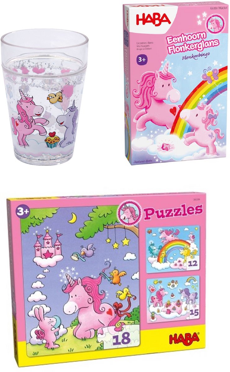 Haba set van 2 spellen + puzzel vanaf 3 jaar - Eenhoorn Flonkerglans: Flonkerbingo - Glitterbeker - 3 Puzzels