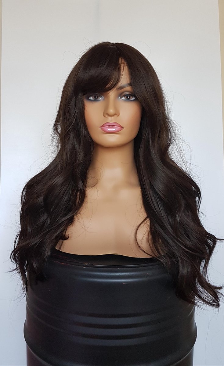 Luxe pruik-dames- donker bruin - lang haar- slag - pony - krullen en stijlen tot 130 graden