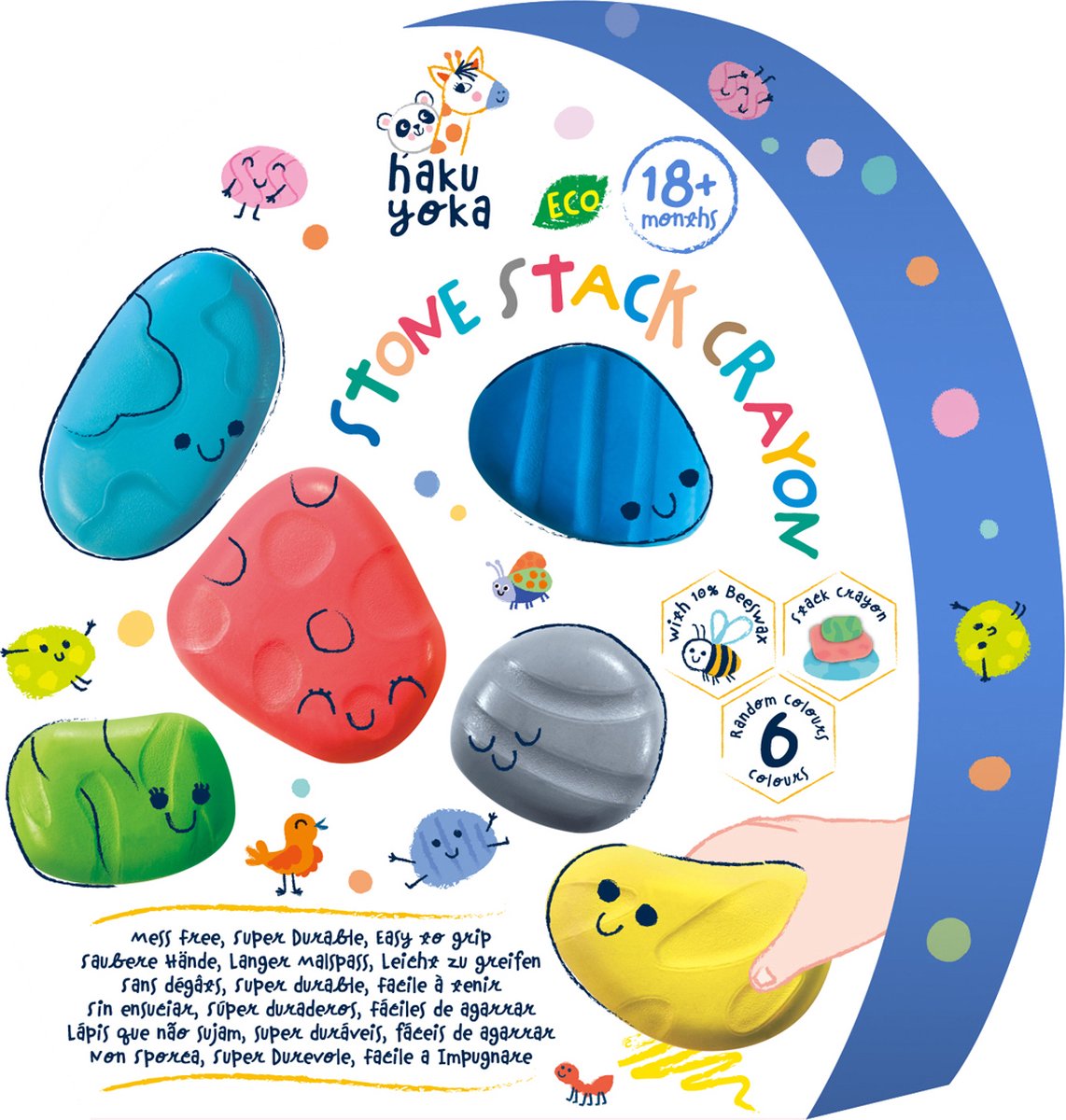 Haku Yoka: 6 WASKRIJTJES Stenen, stapelbaar, in bijenwas (10%), in doos 20,3x23,5x4,5cm, 18m+