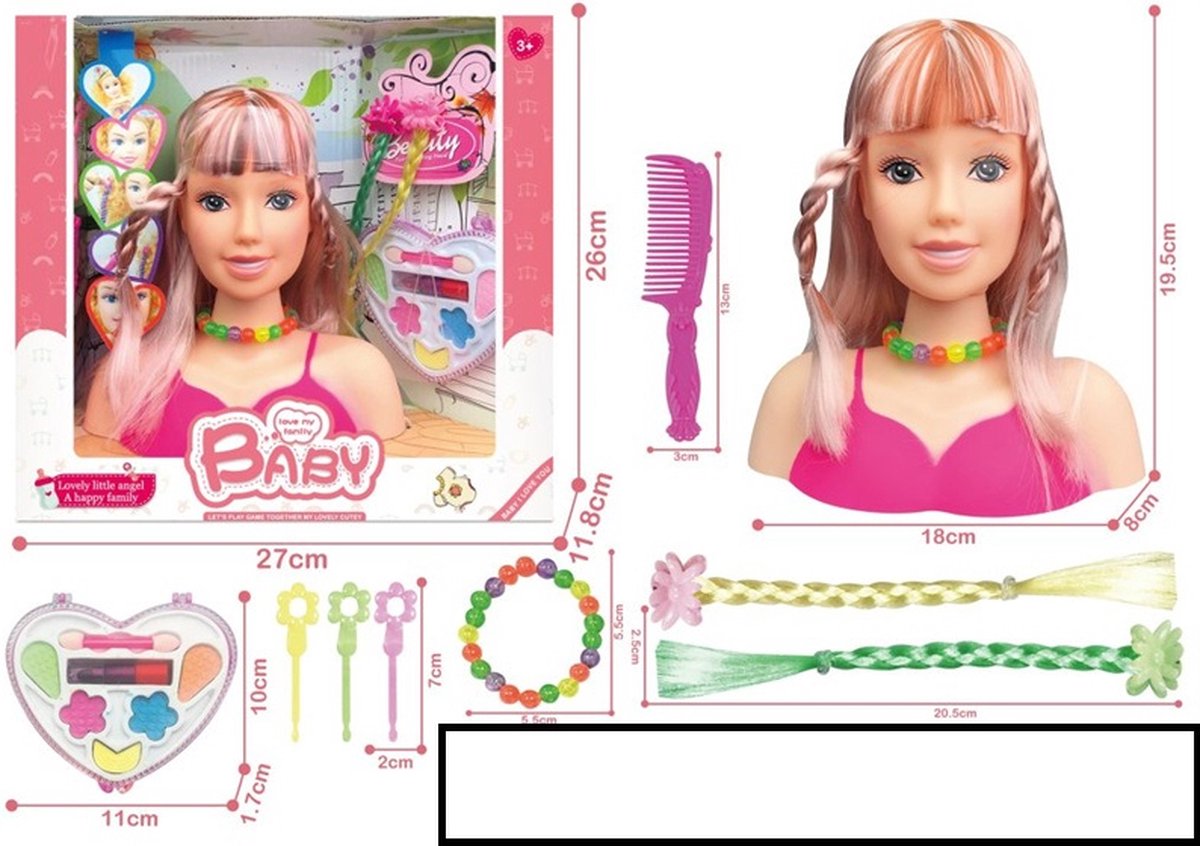 Kaphoofd met make-up sieraden en haaraccessoires schminkpop styling head