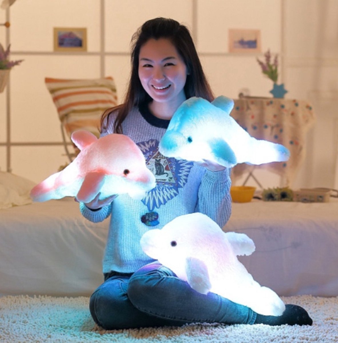 Knuffel nachtlampje dolfijn geel 30cm zachte pluche met LED lichtjes
