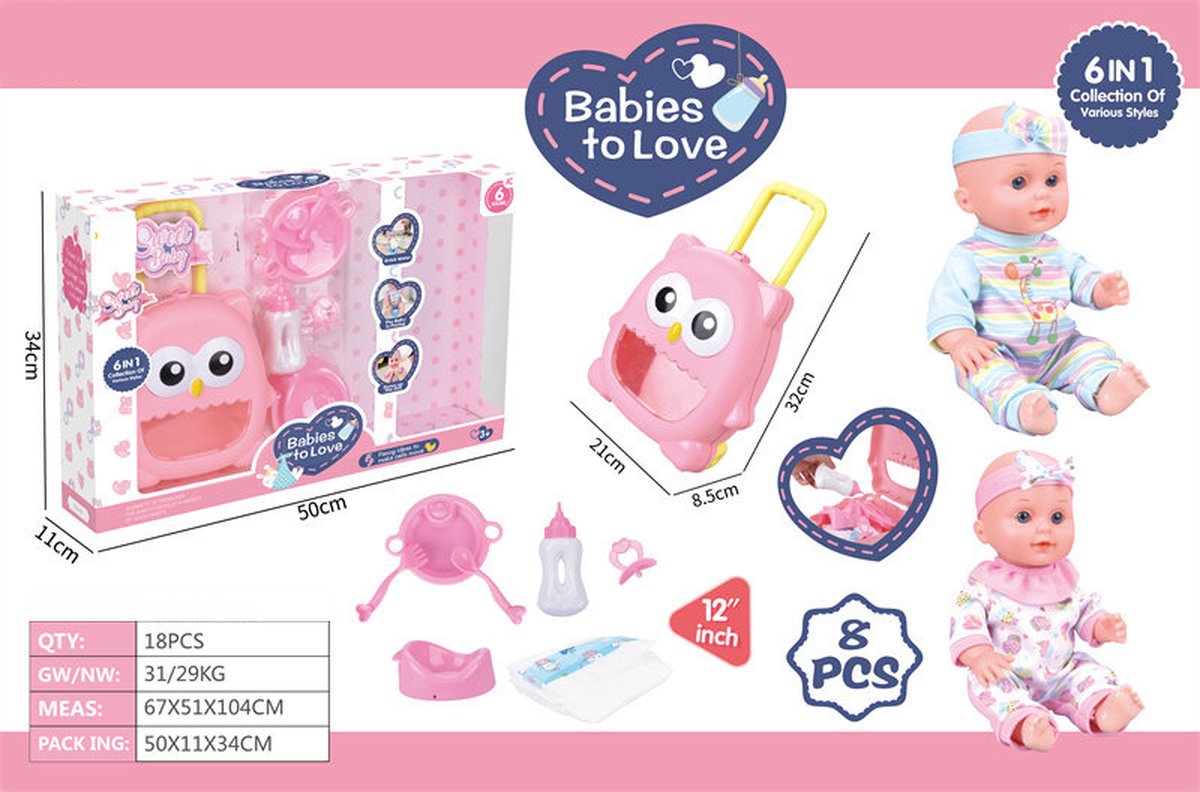 Poppenset met trolley babypop pamper papfles bordje bestek tut en potje