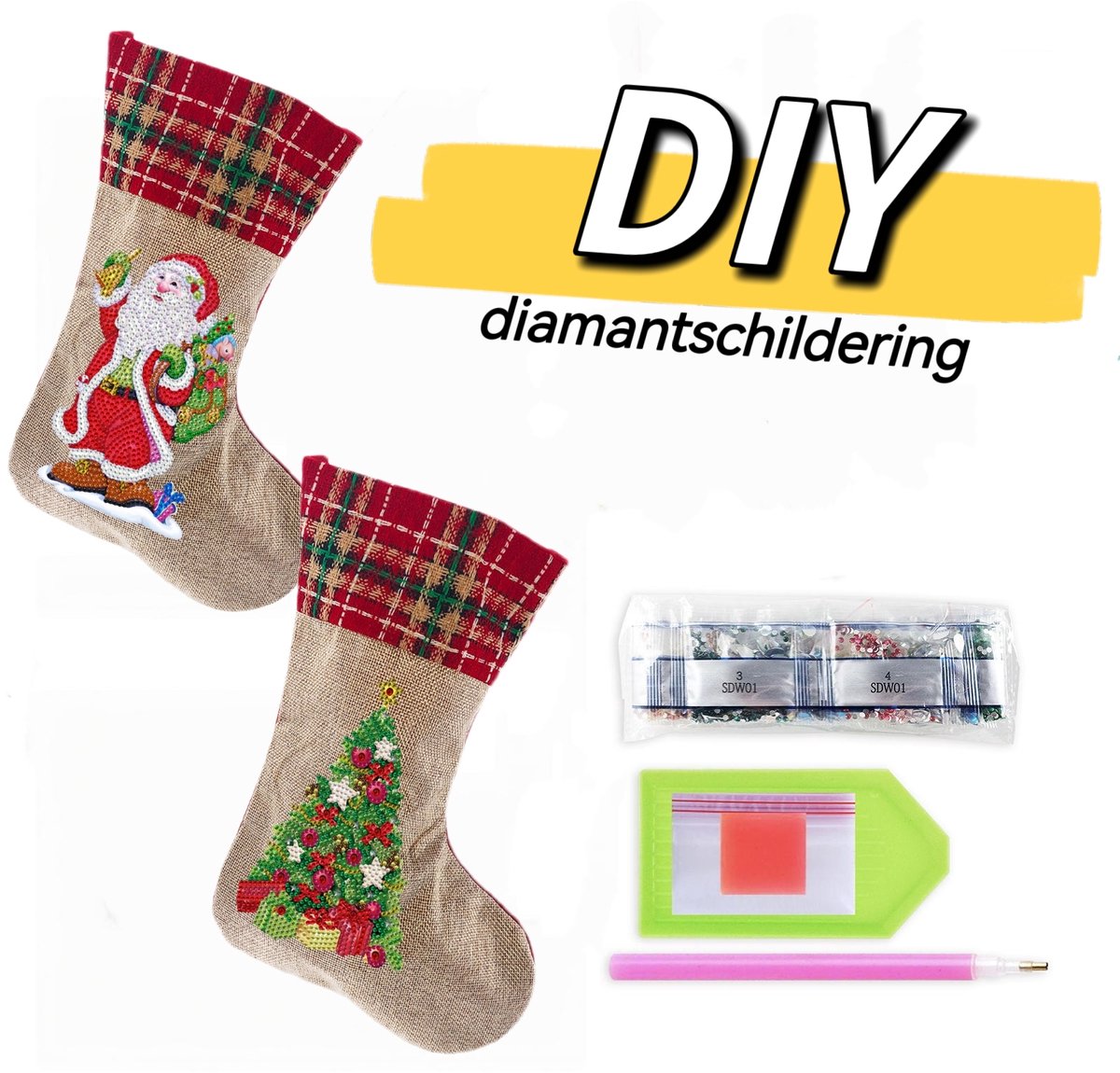 Diamond painting-diamond painting kinderen-Kerstkousen Set van 2 stuks - 52 cm - Kerstversiering - Kerstdecoratie - Christmas Stocking - Diamantschildering