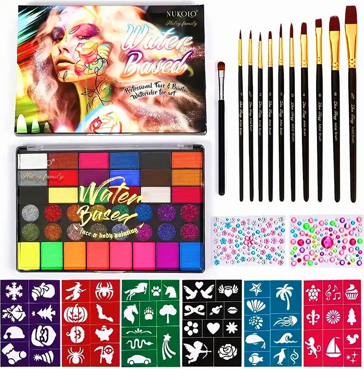 Haley familySchmink op Waterbasis met Penselen- Veilig Schminkset Kinderen - 42 Kleuren - Inclusief 10 Penselen, 6 Sjablonen& 2 diamantstickers&Glitters-Gemakkelijk schoon te maken-Face paint palette-Kinderschmink voor grimas