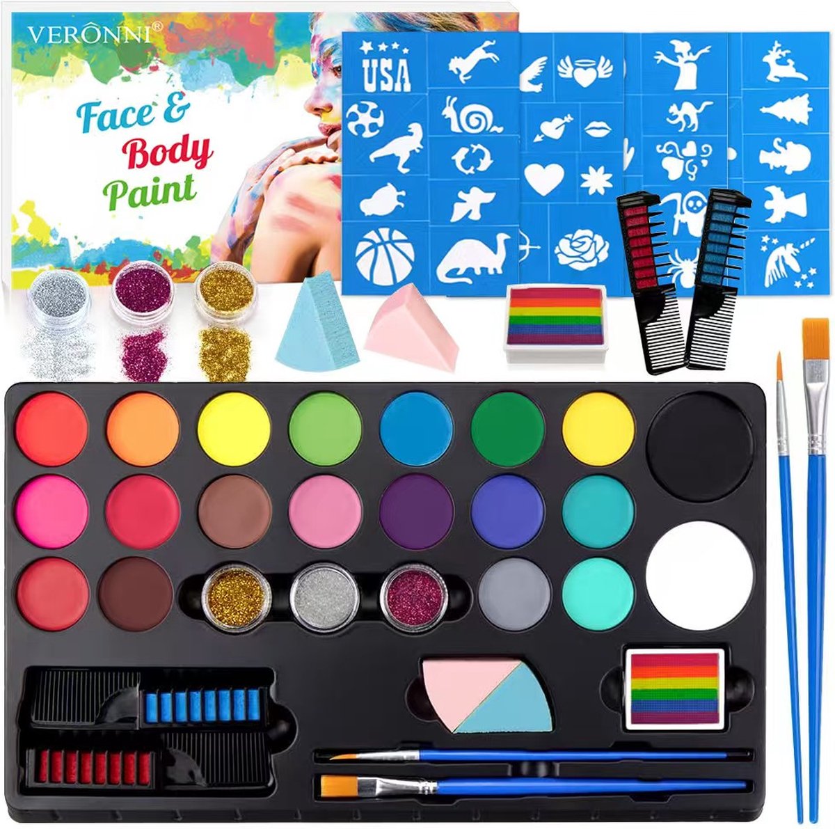 Schmink op Waterbasis - Schminkset Kinderen met Sjabloon Set, Sponsje, Penselen en Glitters - Halloween - 24 Kleuren-15 stuks