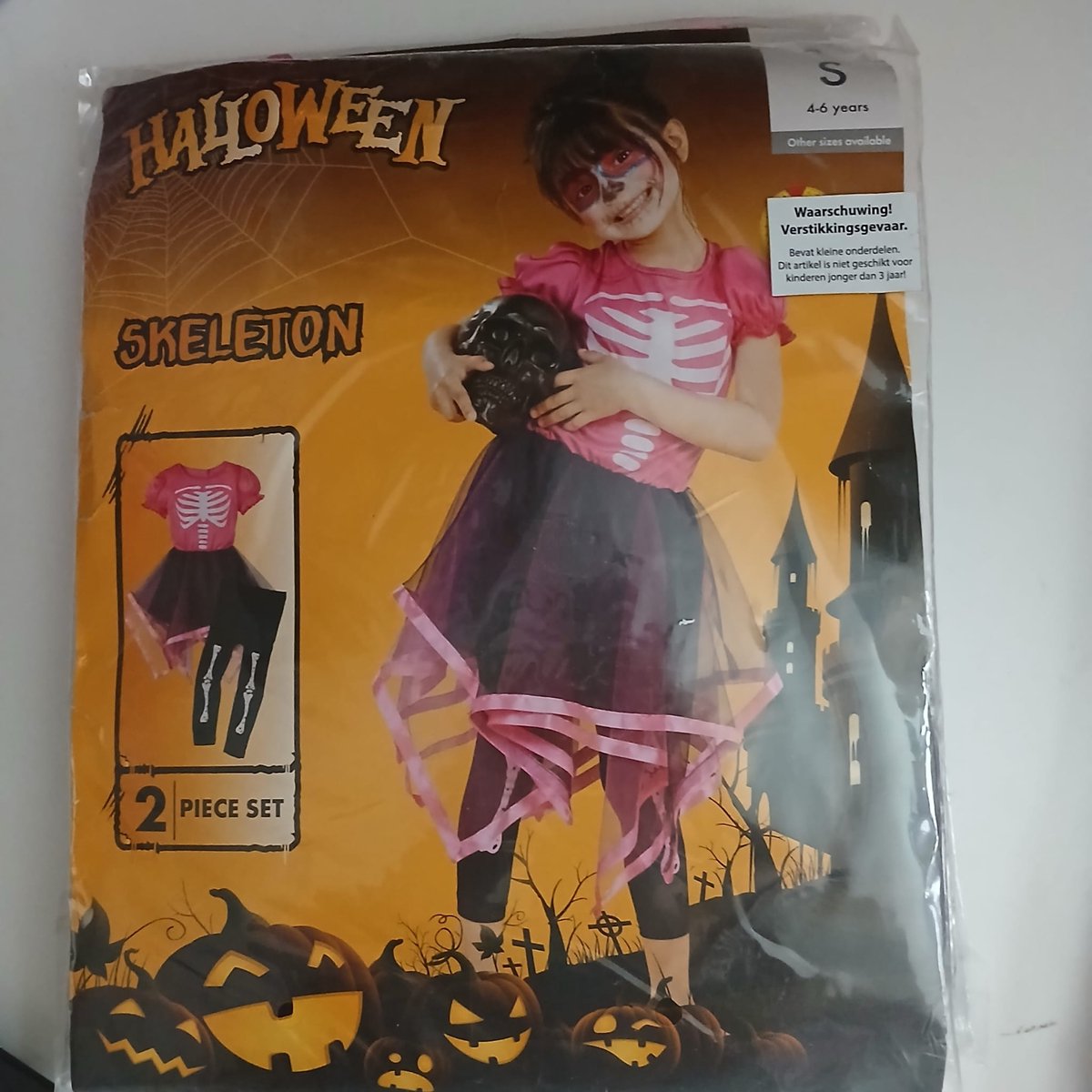 Halloween Skeleton meisjes verkleedkostuum jurk en legging Maat S (4-6 jaar)