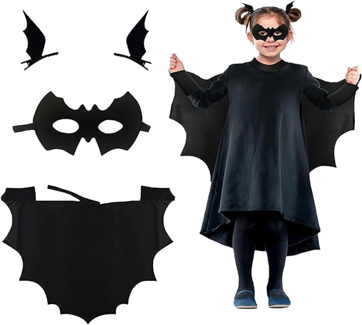 Halloween Vleermuiskostuum voor kinderen - Halloweenkostuum voor kinderen - Vleermuiscape met masker en haaraccessoire - Halloween Cosplay Vleermuiskostuum voor jongens en meisjes - Perfect voor Halloweenfeest - Maat 120