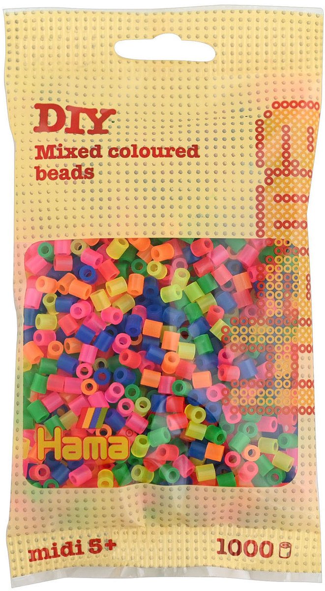 Hama midi NEON MIX FELLE KLEUREN strijkkralen, zakje met 1.000 stuks normale strijkparels (creatief knutselen met kralen, cadeau idee Sint / Kerst / kinderfeestje / schoencadeau)